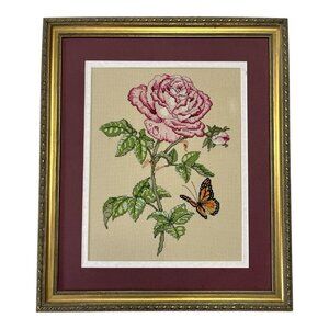 Vtg Framed Cross-Stitch Rose & Butterfly – 1998 Floral Needlework Art, 16x14